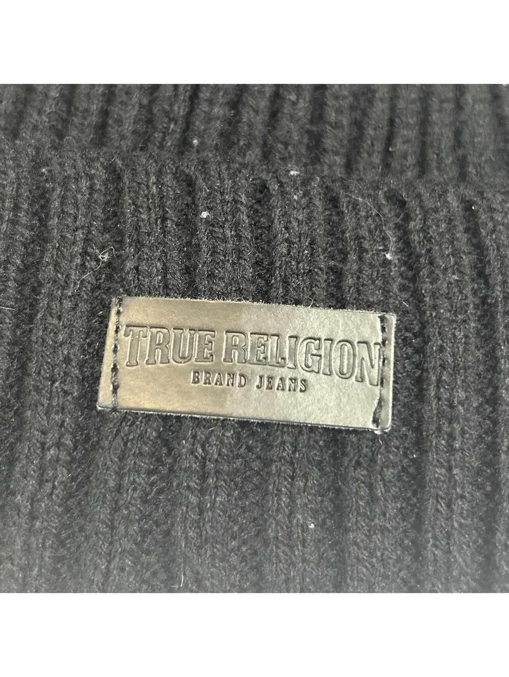 True Religion Brand Jeans Black Ribbed Logo Patch Beanie.